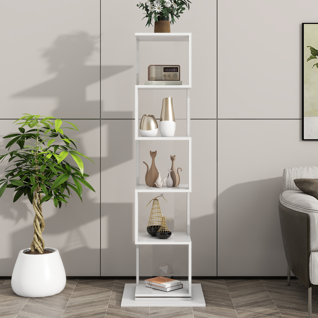 White fivetier bookshelf displaying decorative items