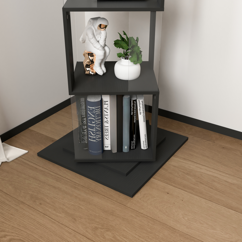 Modern black cube shelf with astronaut figurine and books