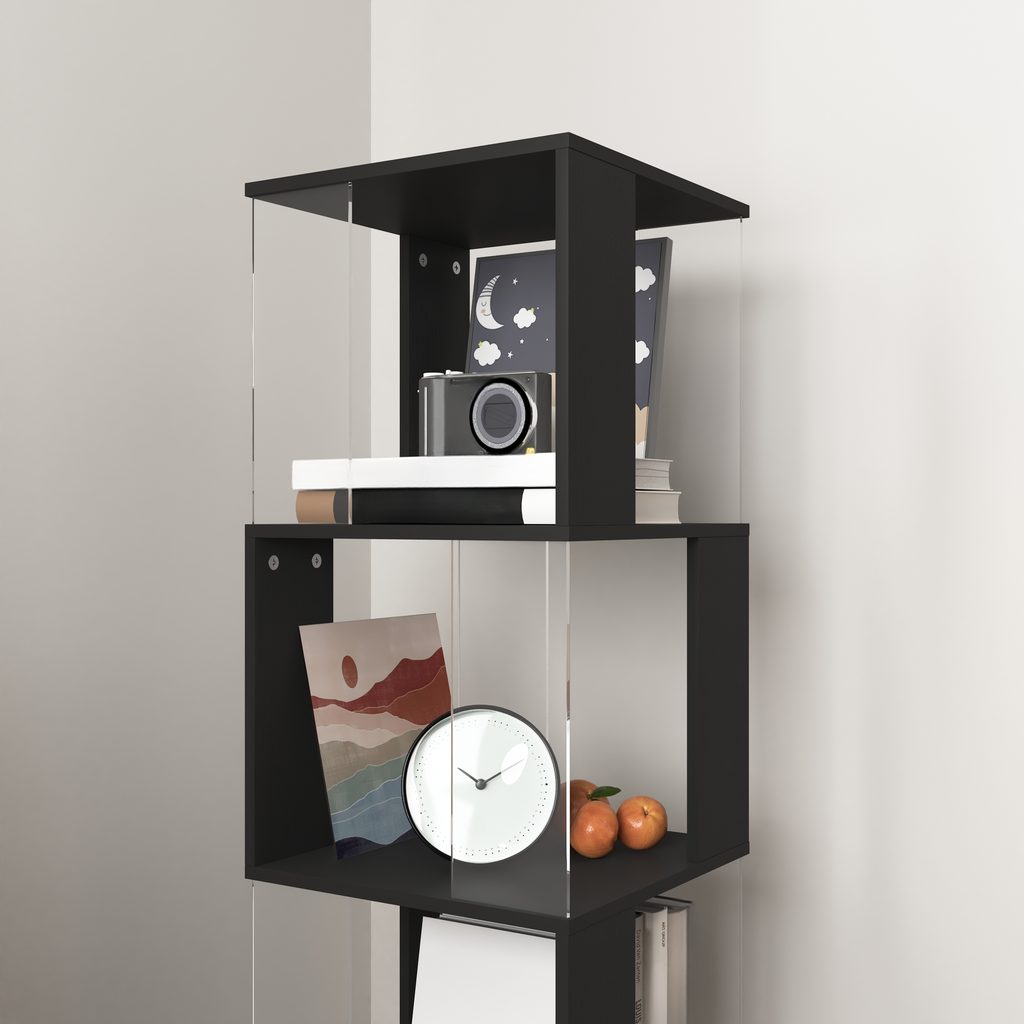 Black modern shelving unit with clear acrylic panels displaying books and decor