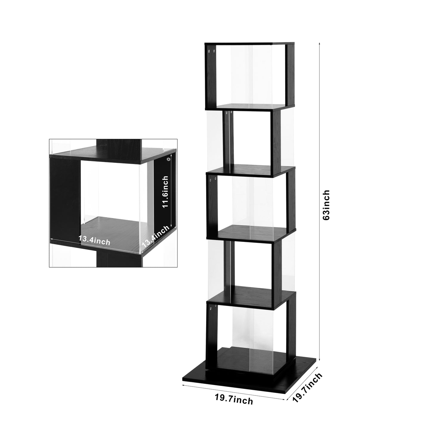 Tall black bookshelf with five open cube shelves and clear acrylic sides