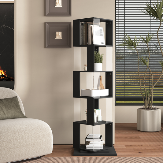 Black metal etagere bookcase with open shelves and glass accents