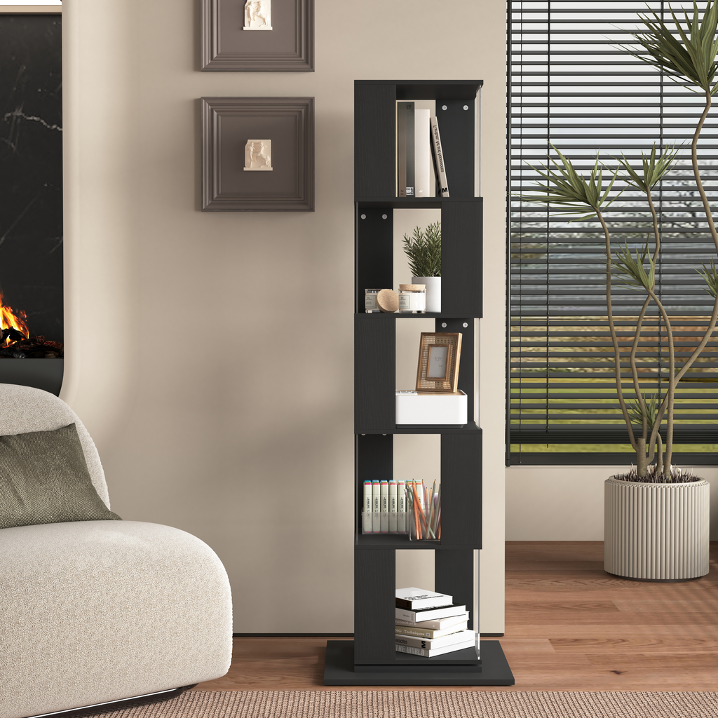 Black modern tiered bookshelf with books and decor