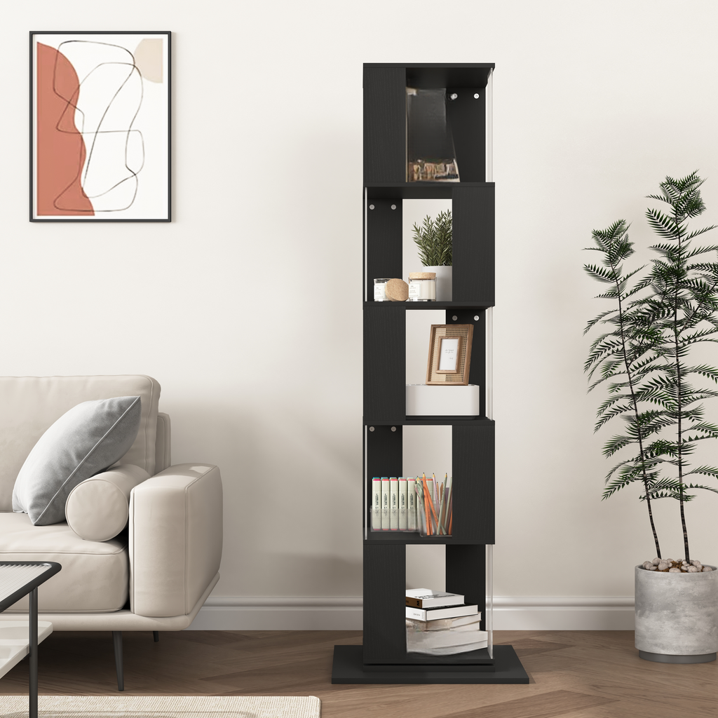 Modern black tall bookshelf with rotating shelves