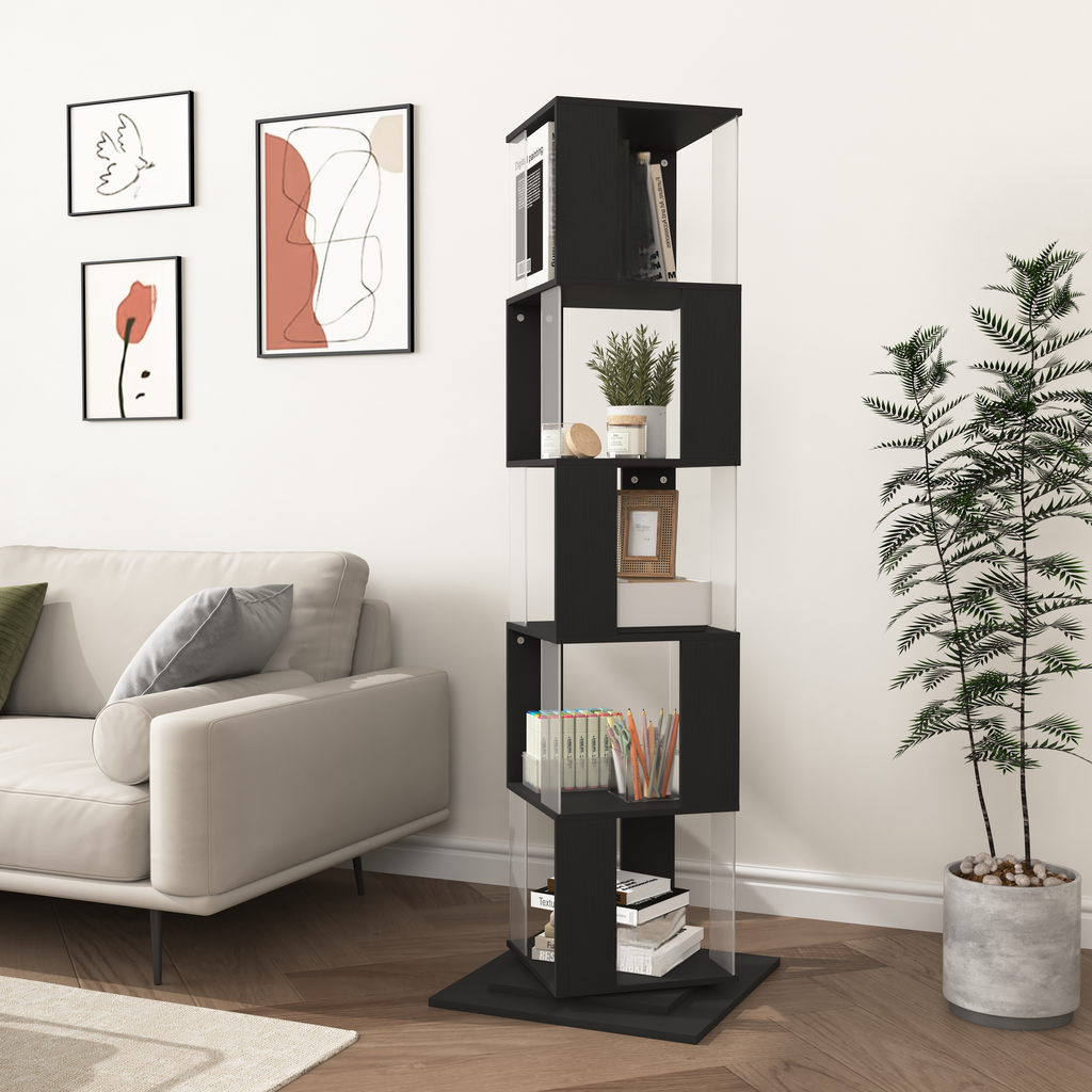 Modern black rotating bookshelf with clear acrylic panels
