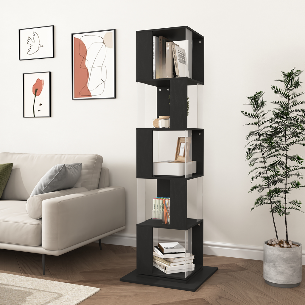 Modern black tier shelf unit with clear acrylic dividers
