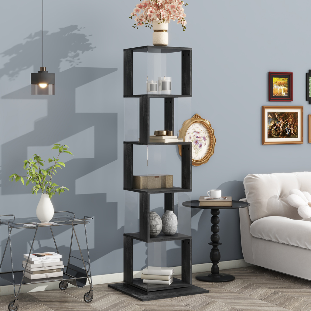 Modern geometric black shelving unit with clear acrylic dividers