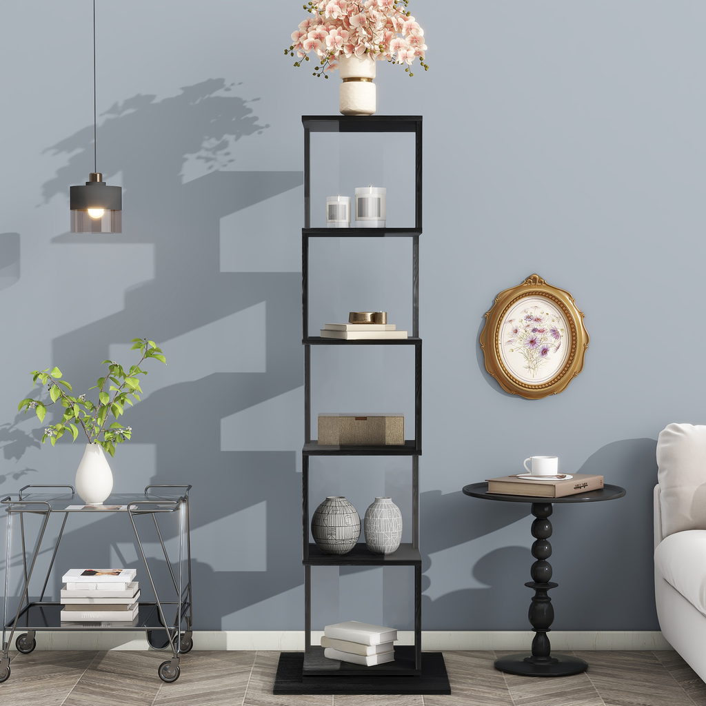 Black metal fivetier geometric bookshelf with decorative items