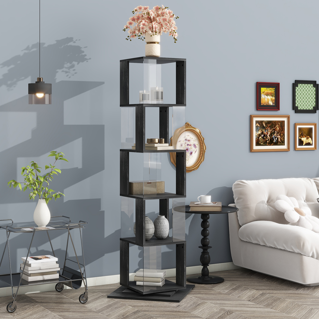 Modern black wood and clear acrylic display shelf with stacked cubes