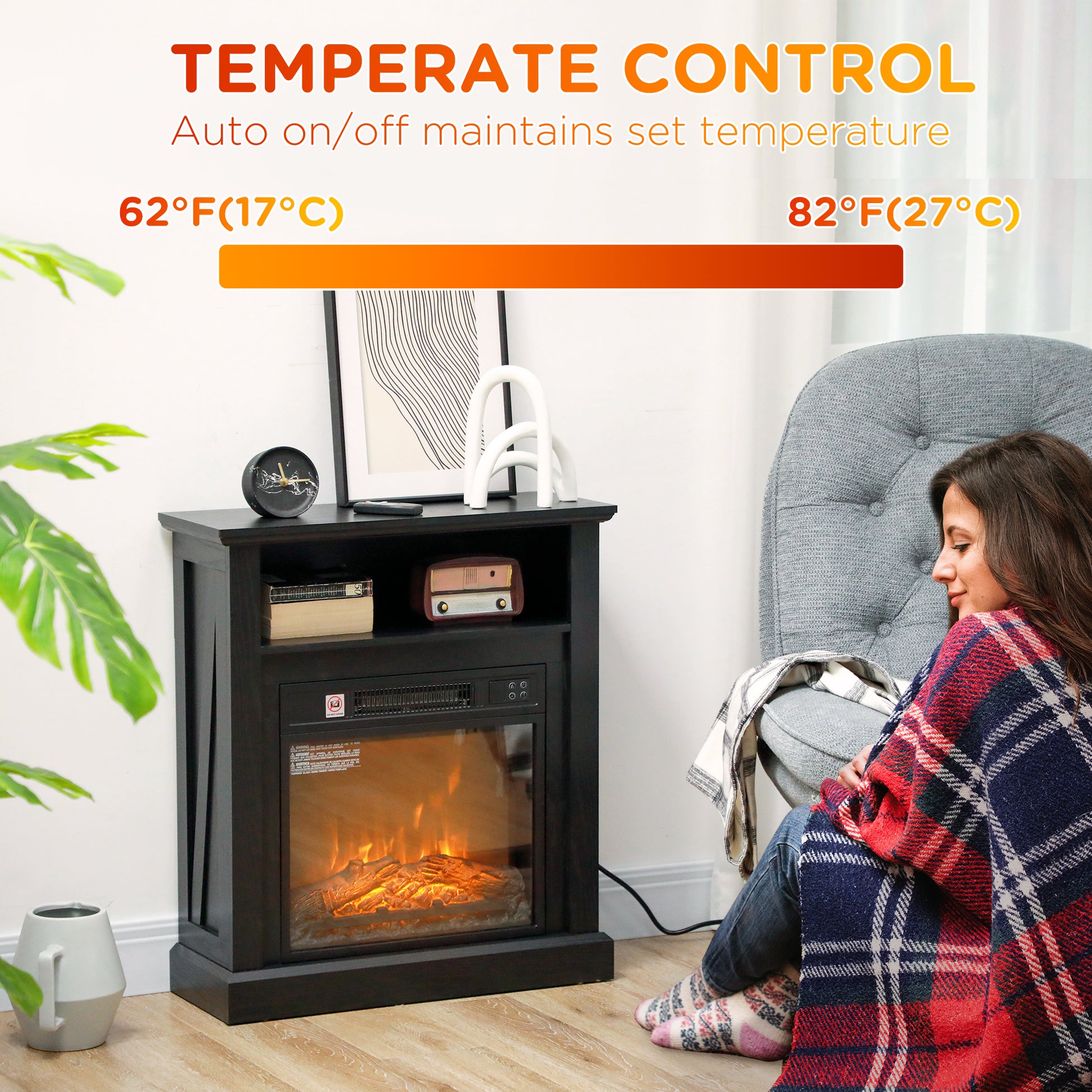 Black electric fireplace with realistic flame effect for cozy living rooms