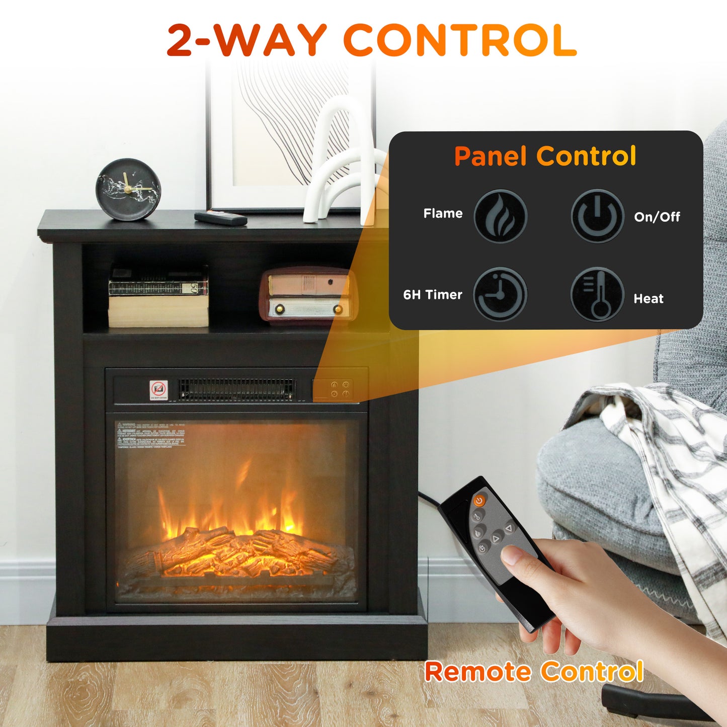 Realistic electric fireplace with way control panel and remote