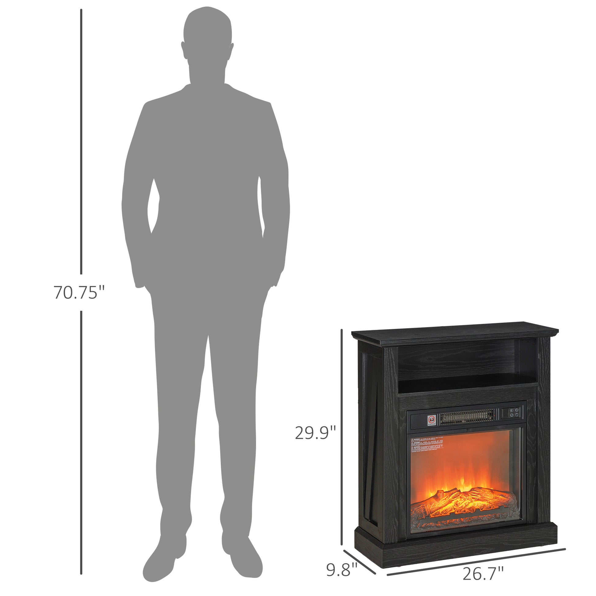 Black wood electric fireplace with realistic flame effect