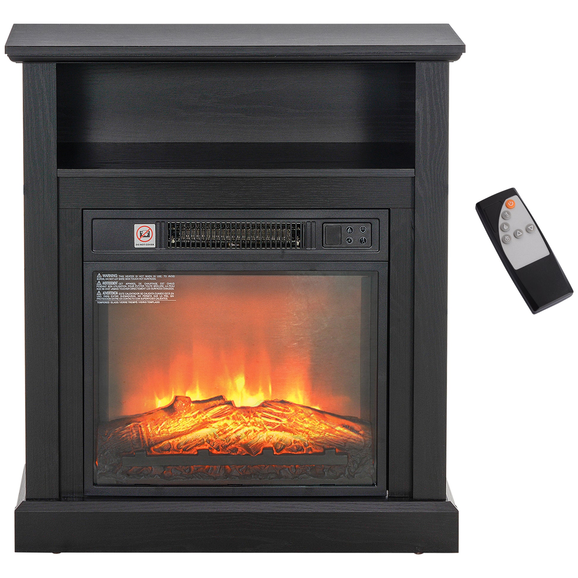 Black electric fireplace with realistic flame effect
