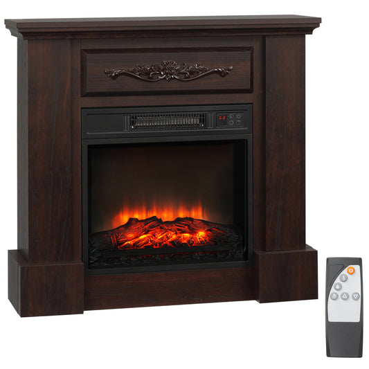 Dark wood electric fireplace with realistic flame effect and remote