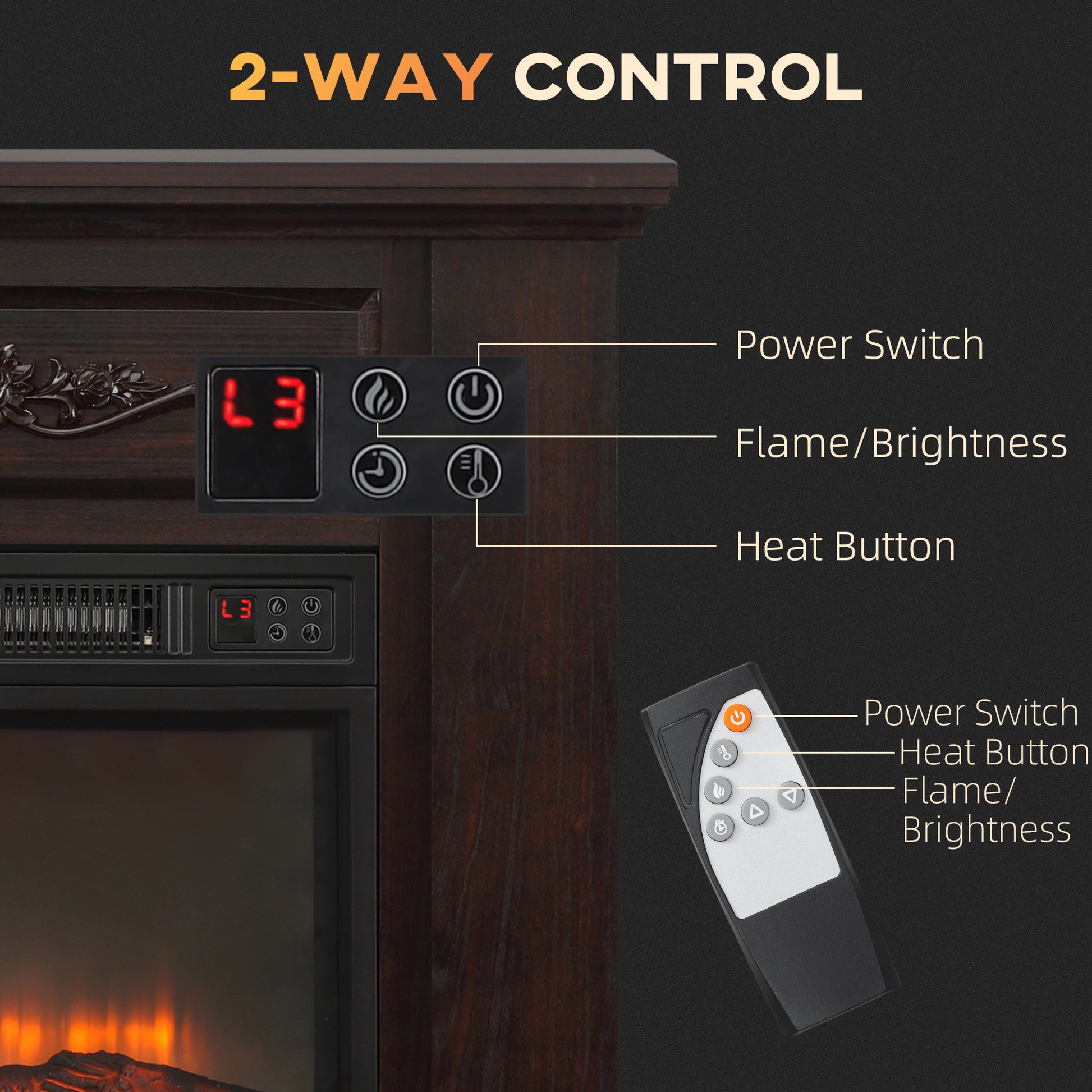 Electric fireplace control panel with digital display and buttons