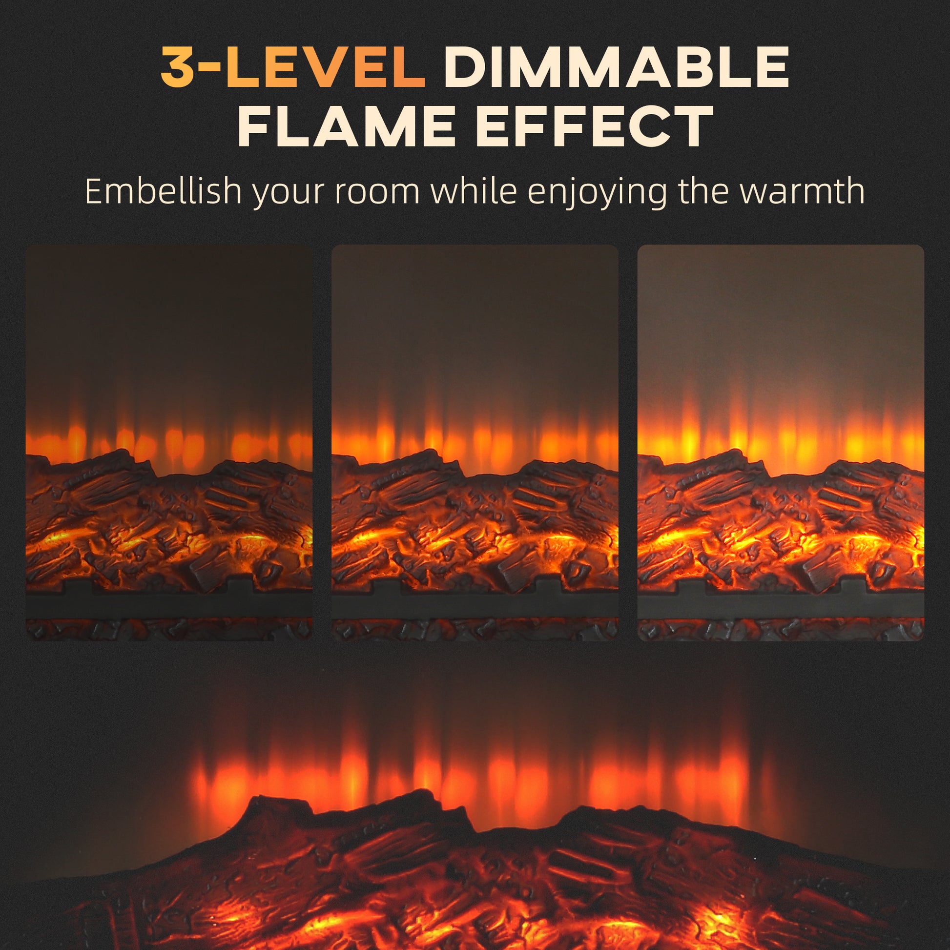Realistic electric fireplace with  levels of dimmable flame effect