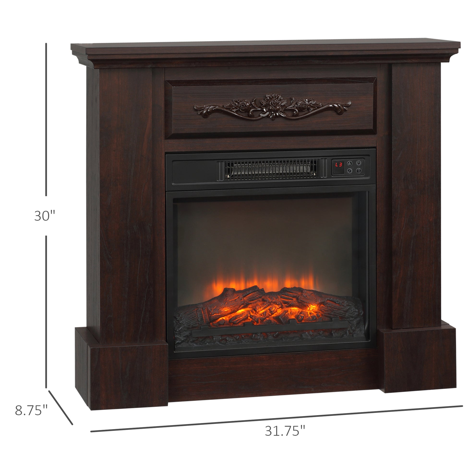 Dark brown wood electric fireplace with faux logs and glowing flames