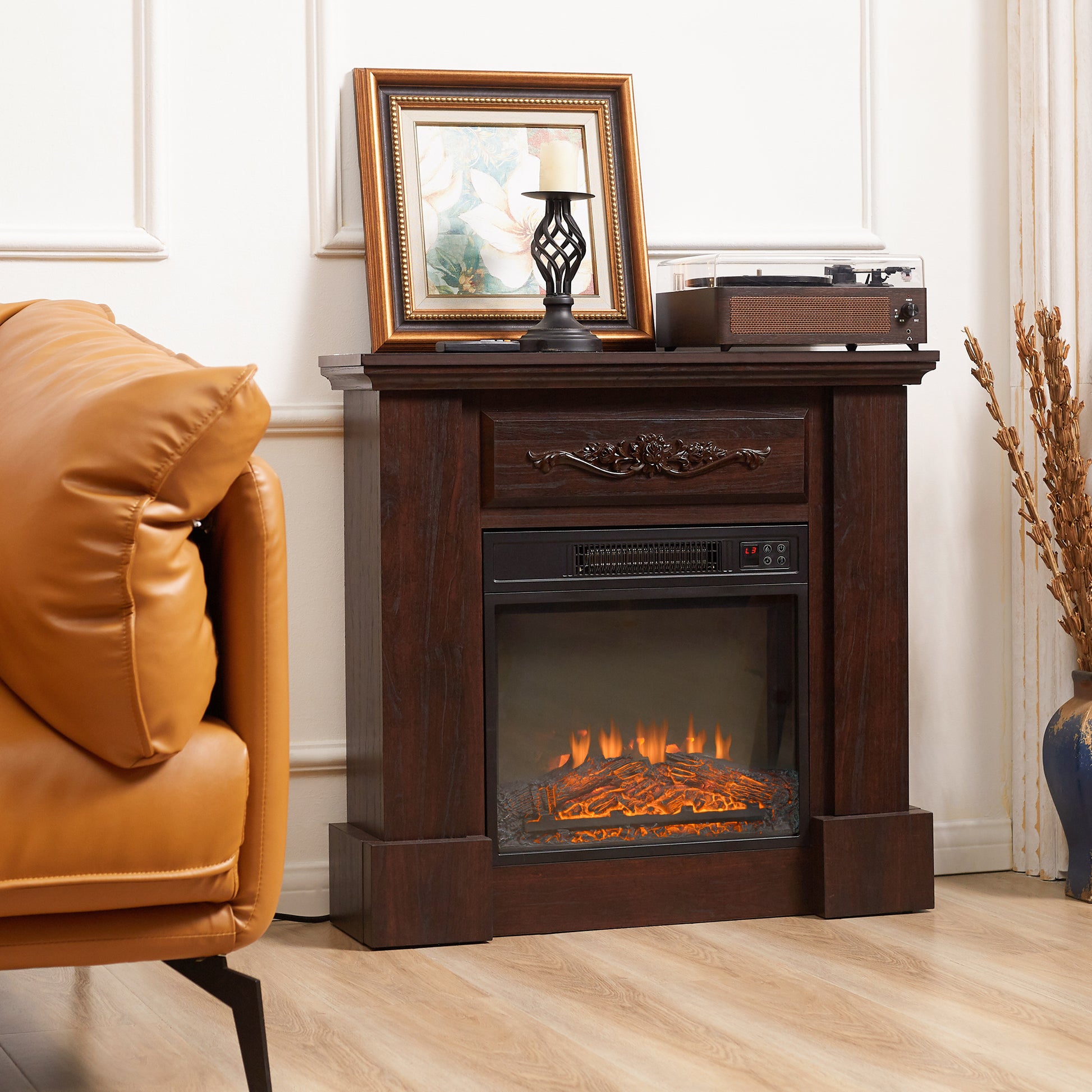 Dark wood electric fireplace with realistic flame effect