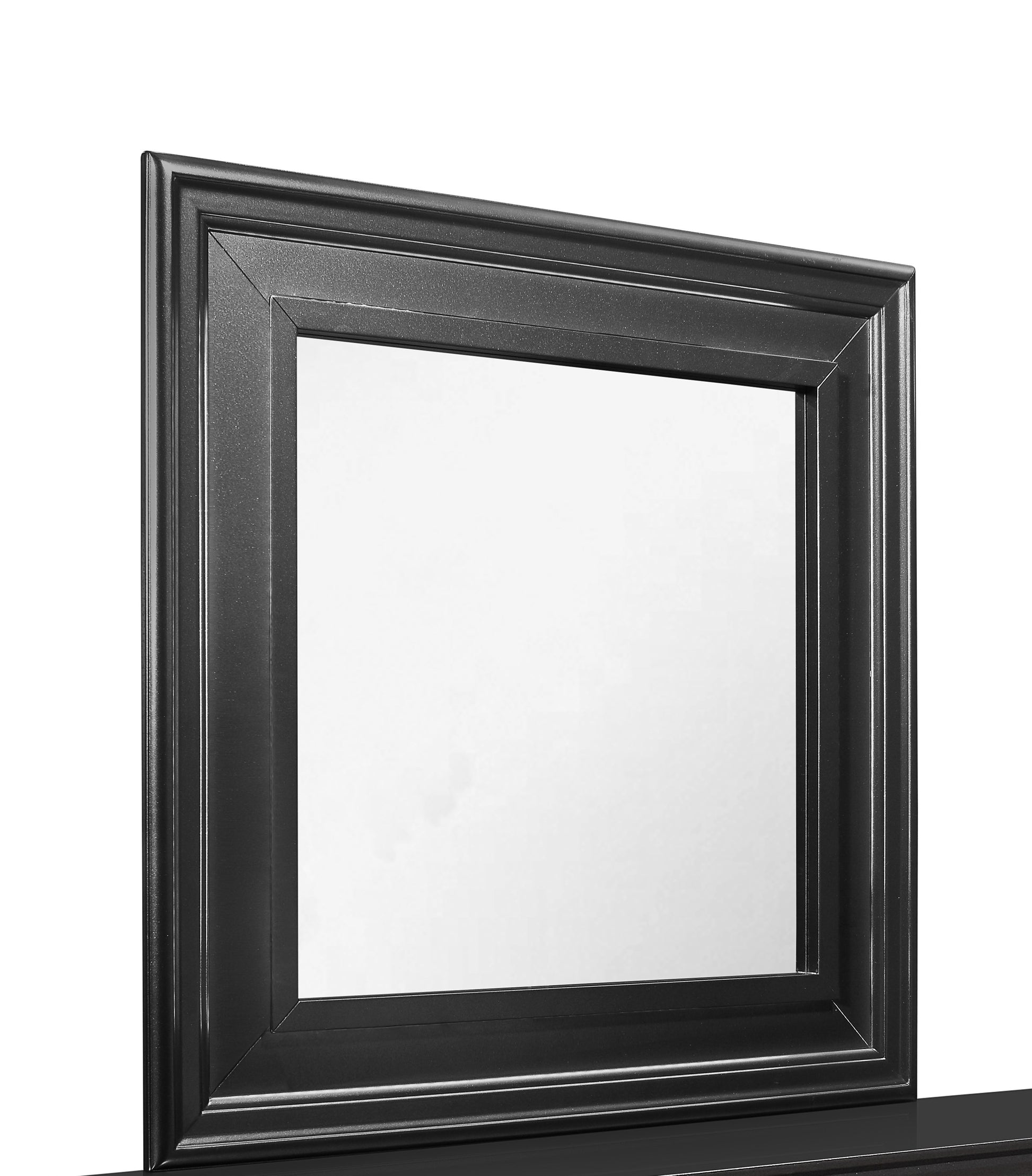 Dark gray framed dresser mirror with ornate beveling