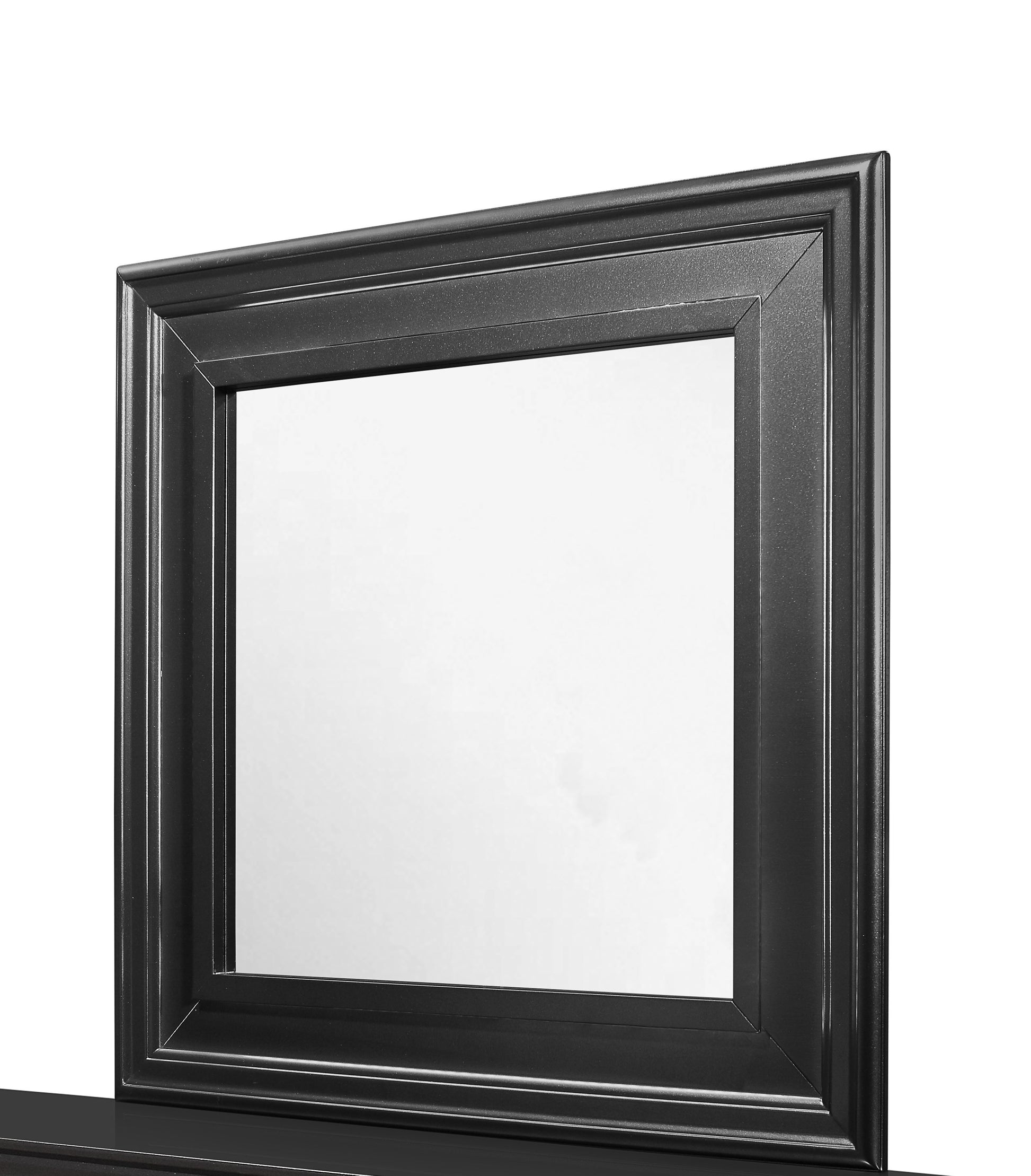 Black framed mirror with ornate molding