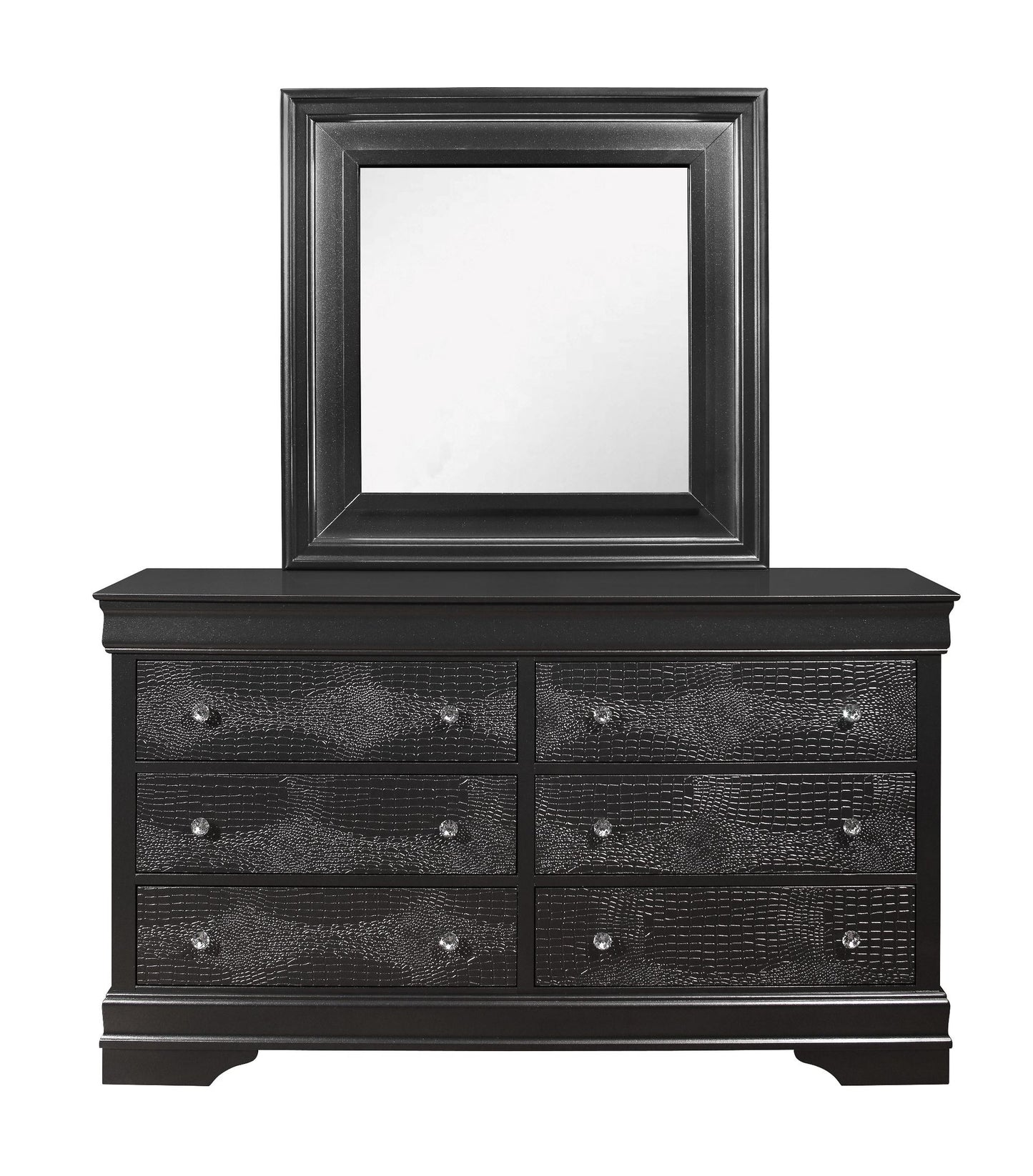 Black dresser with six textured drawers and a square mirror