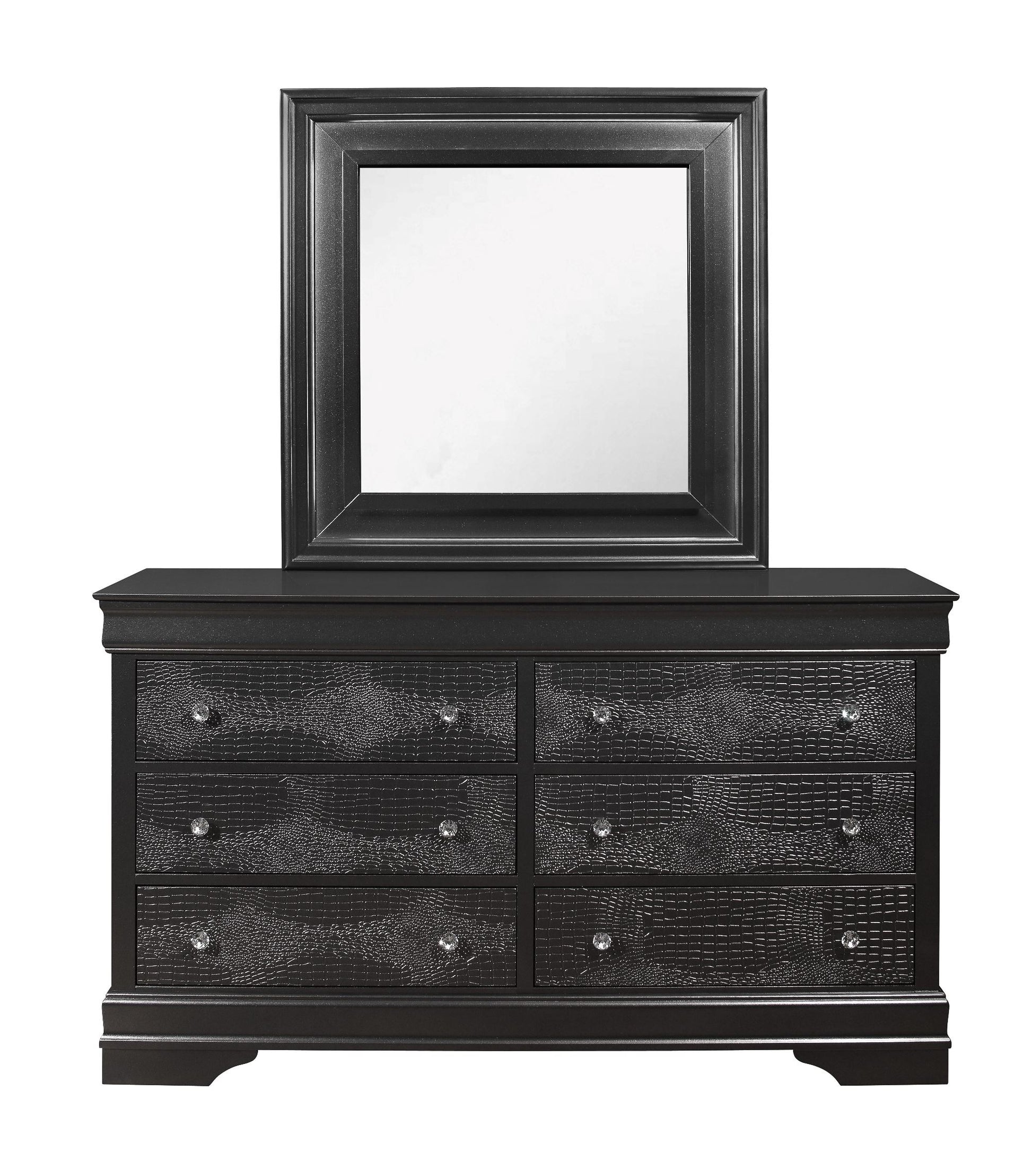 Black dresser with six textured drawers and a square mirror