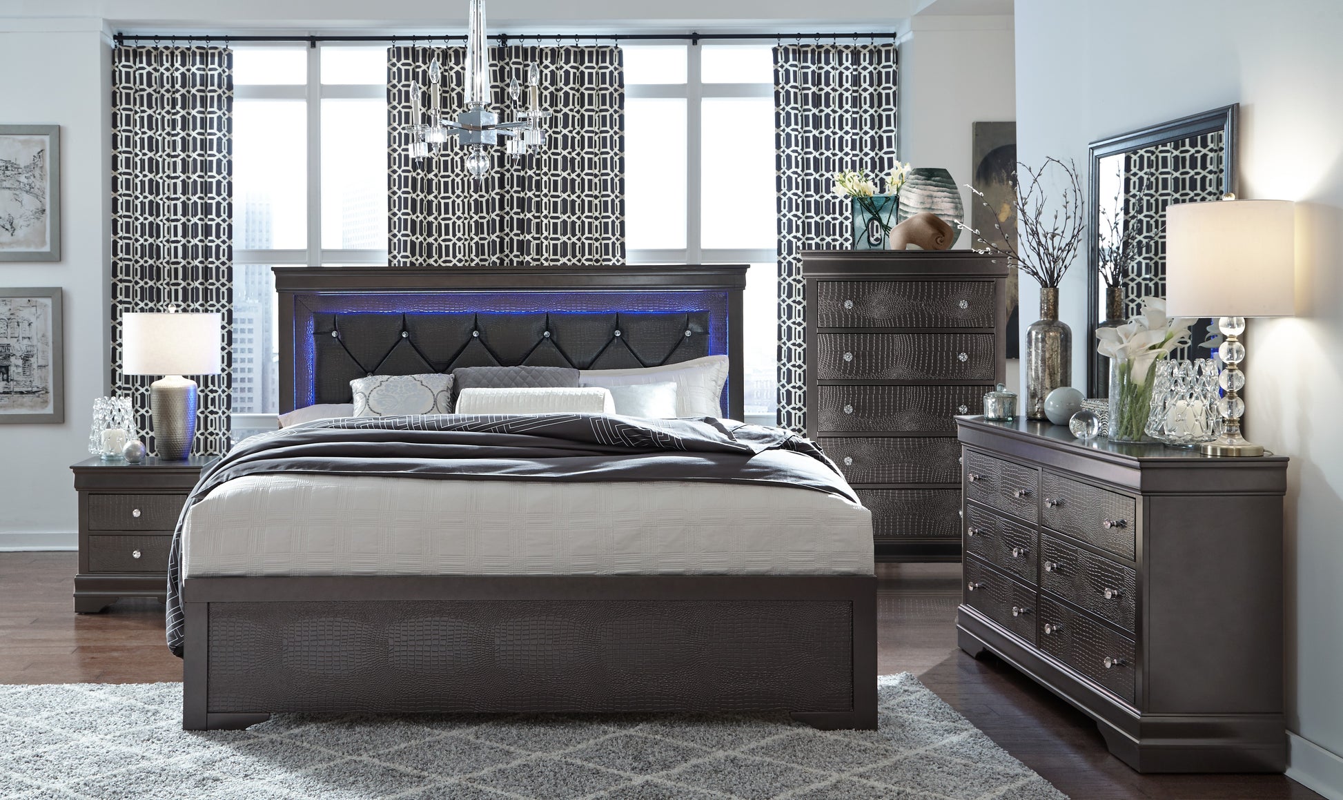 Dark grey dresser with embossed crocodile texture and crystal knobs