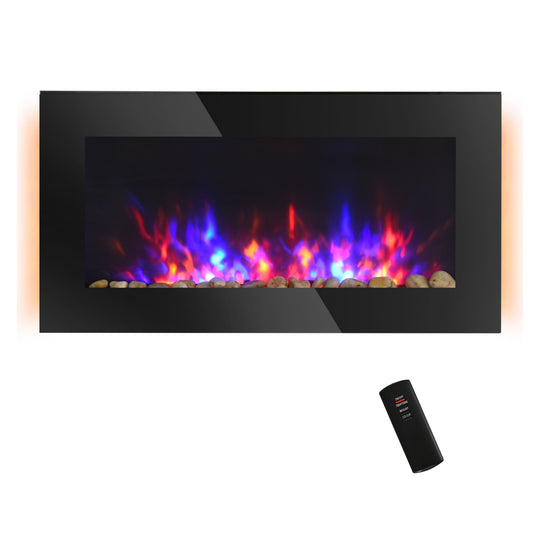 Black wallmounted electric fireplace with realistic multicolor flames and pebbles