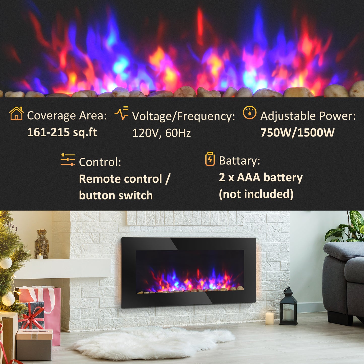 Black wall mounted electric fireplace with realistic flame effect