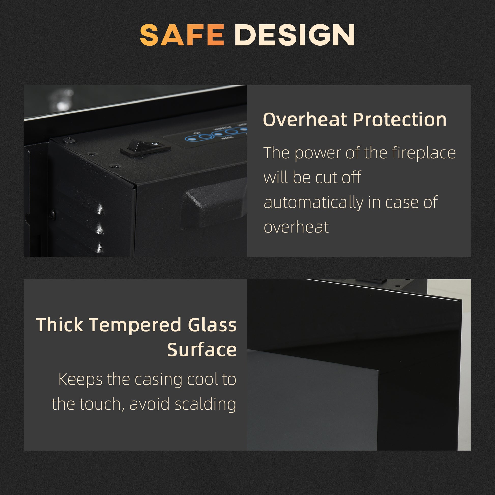 Black electric fireplace with overheat protection switch and indicator lights