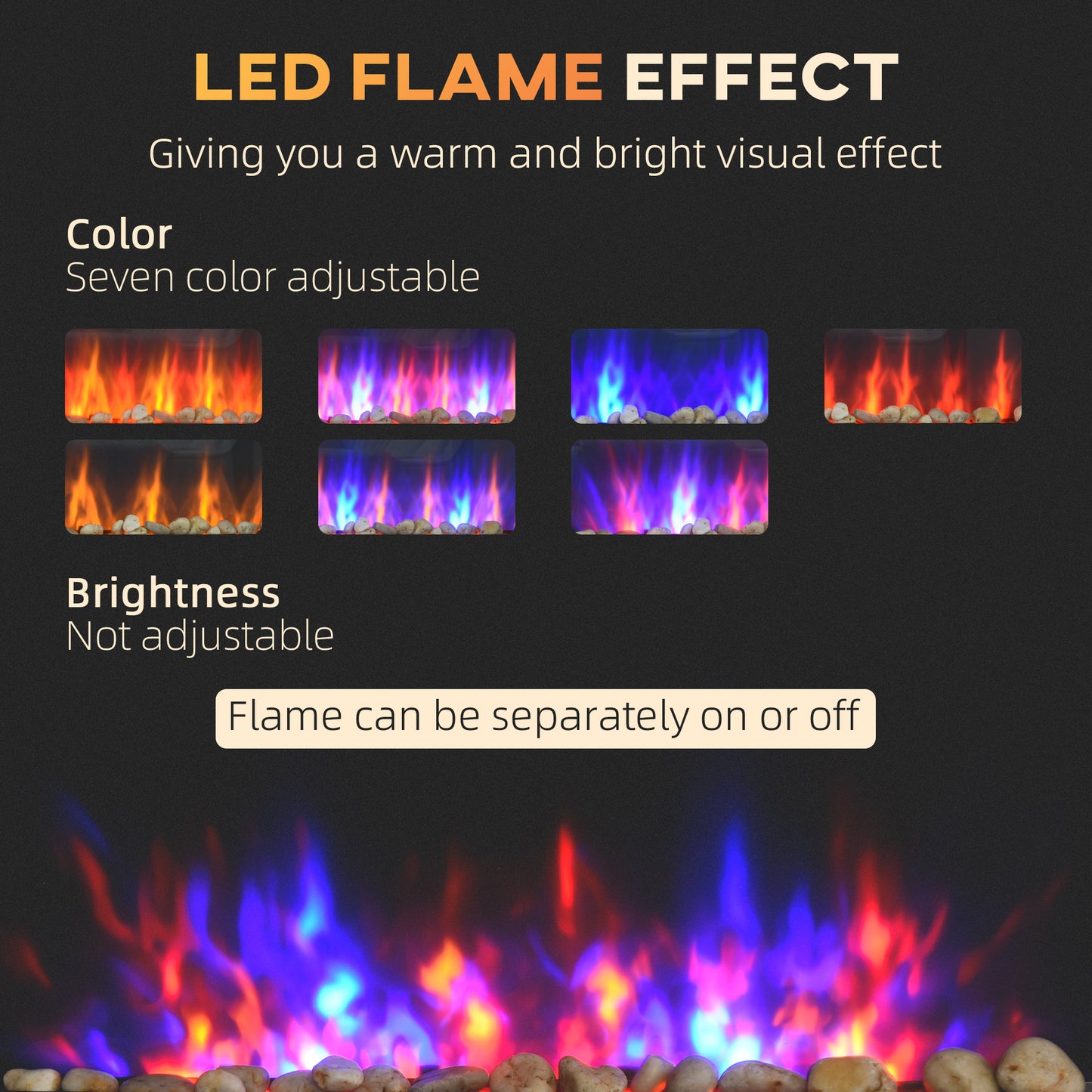 Adjustable color LED flame effect with realistic glowing embers