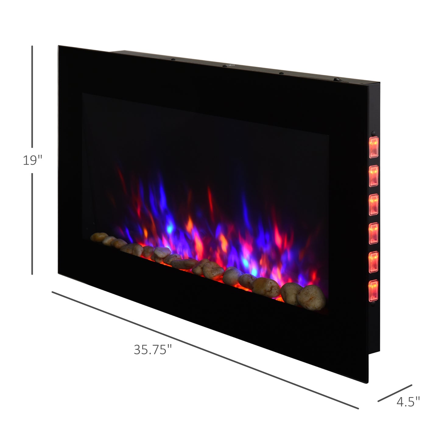 Black wallmounted electric fireplace with blue and red flame effect and stone accents