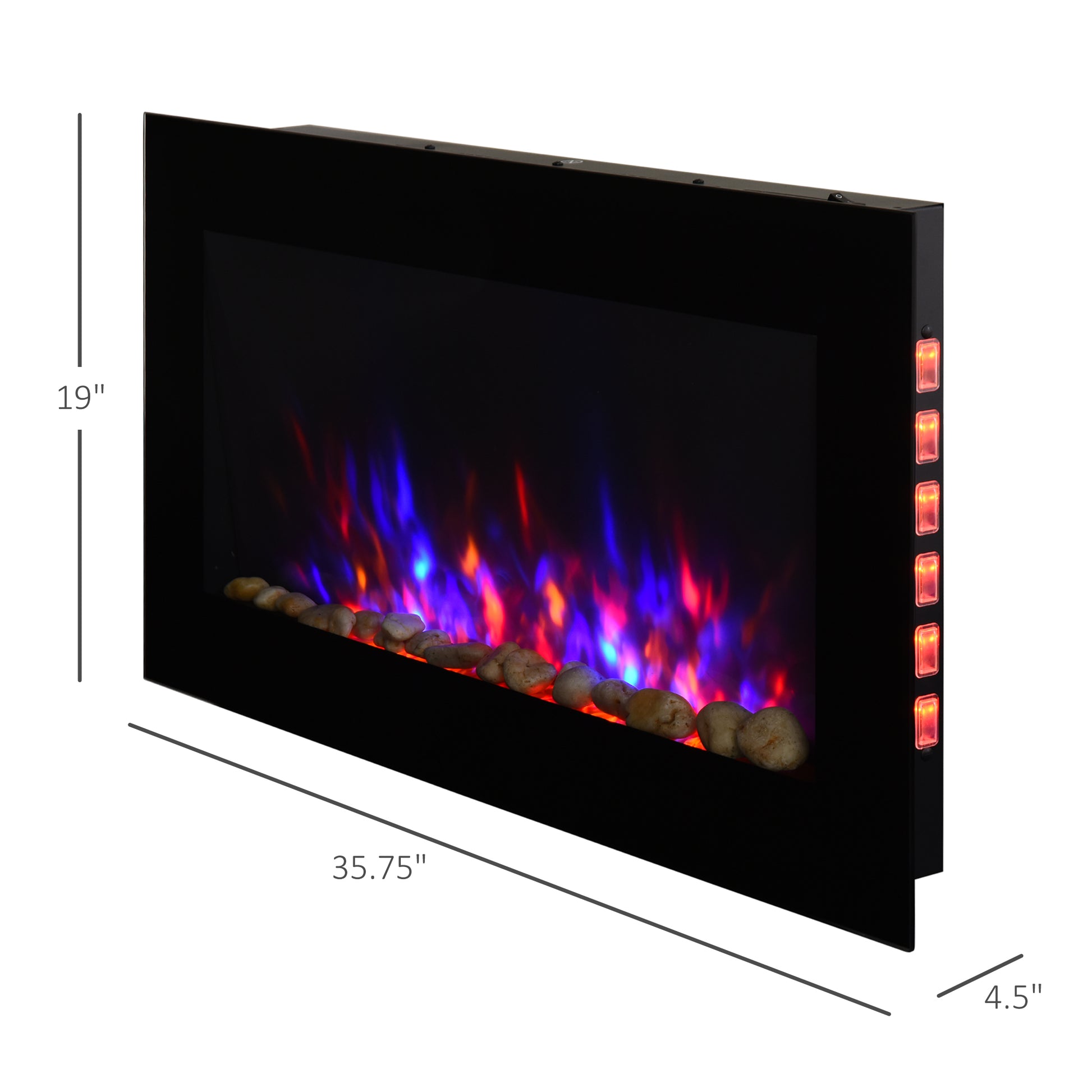 Black wallmounted electric fireplace with blue and red flame effect and stone accents