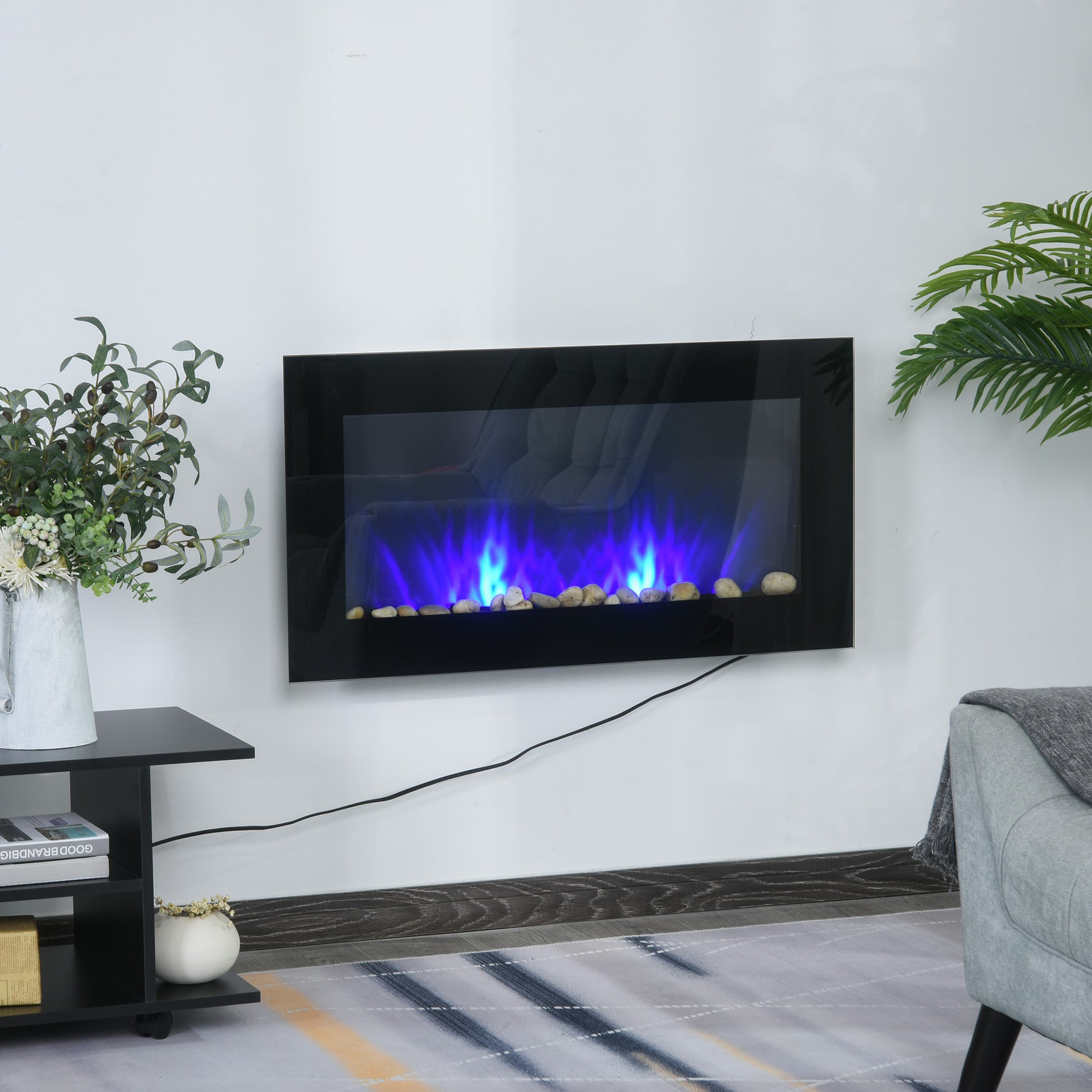 Black electric fireplace with blue flame effect