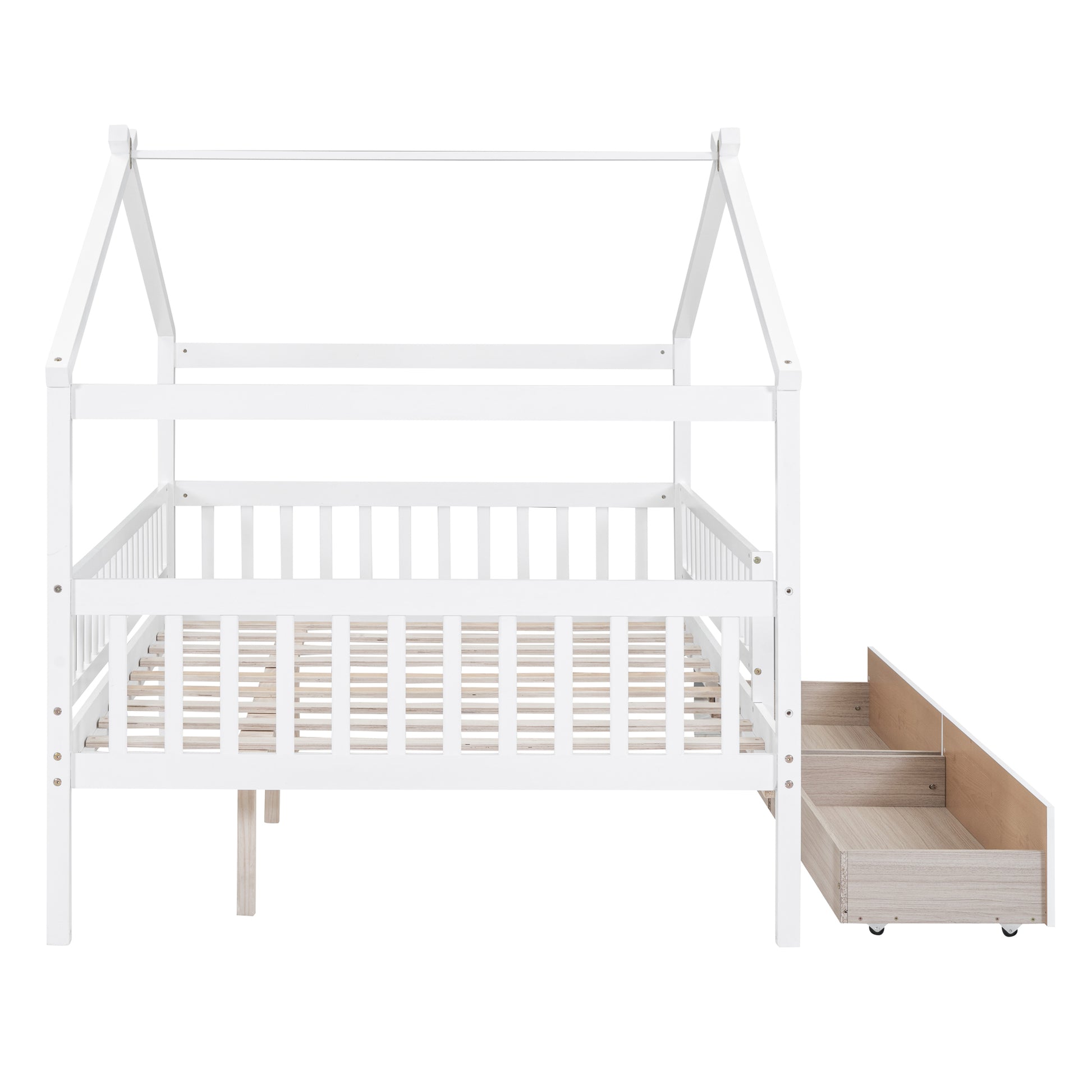 White wooden house bed frame with two storage drawers for kids room