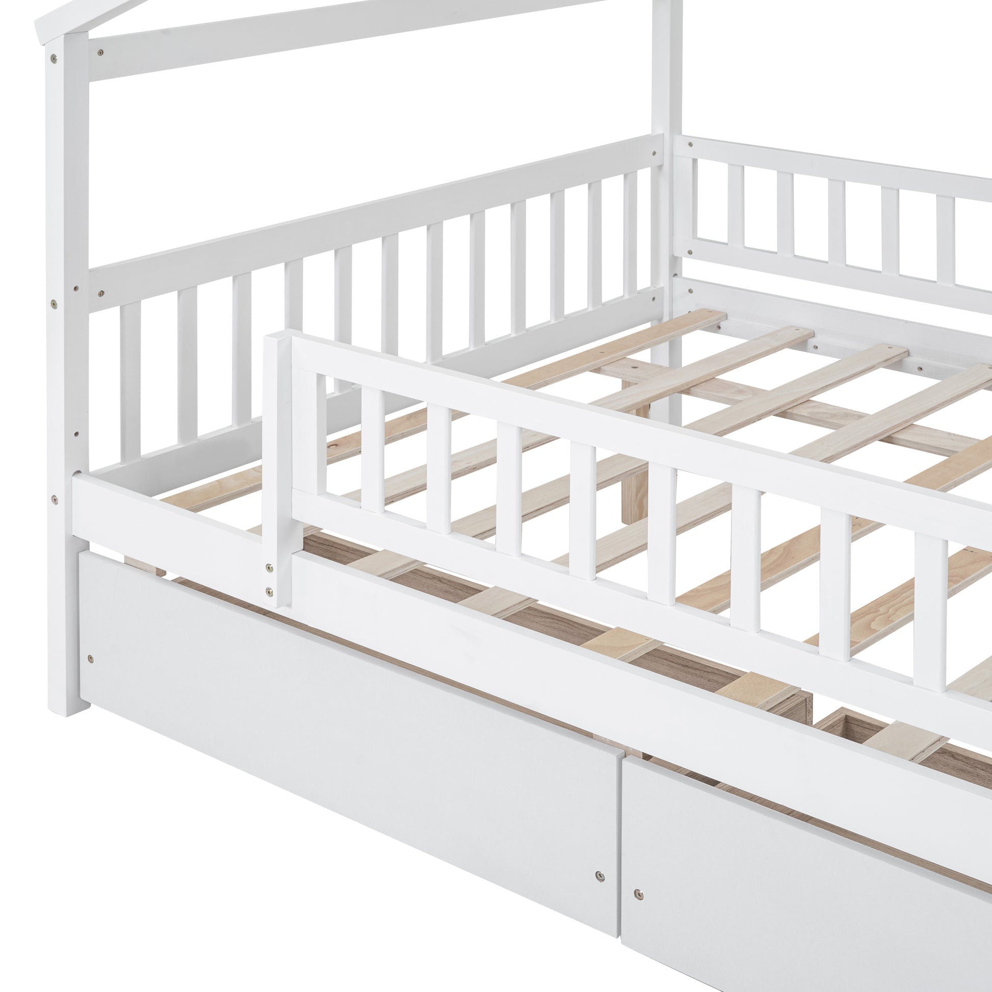 White wooden house bed frame with guardrail and two drawers