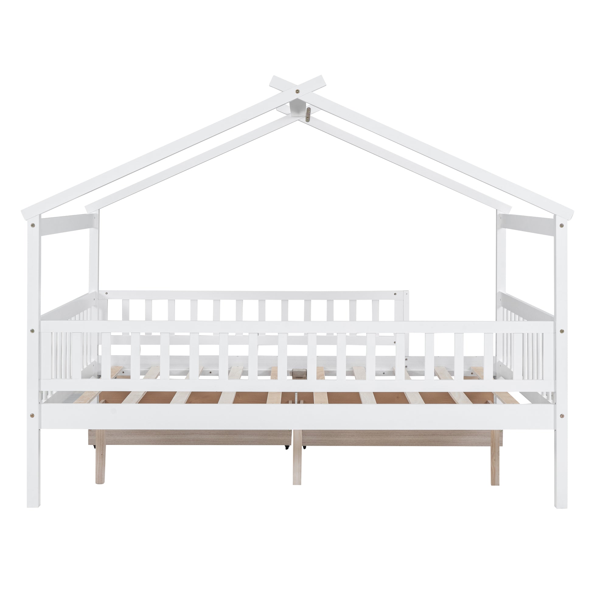 White wooden house bed frame with slatted side rails