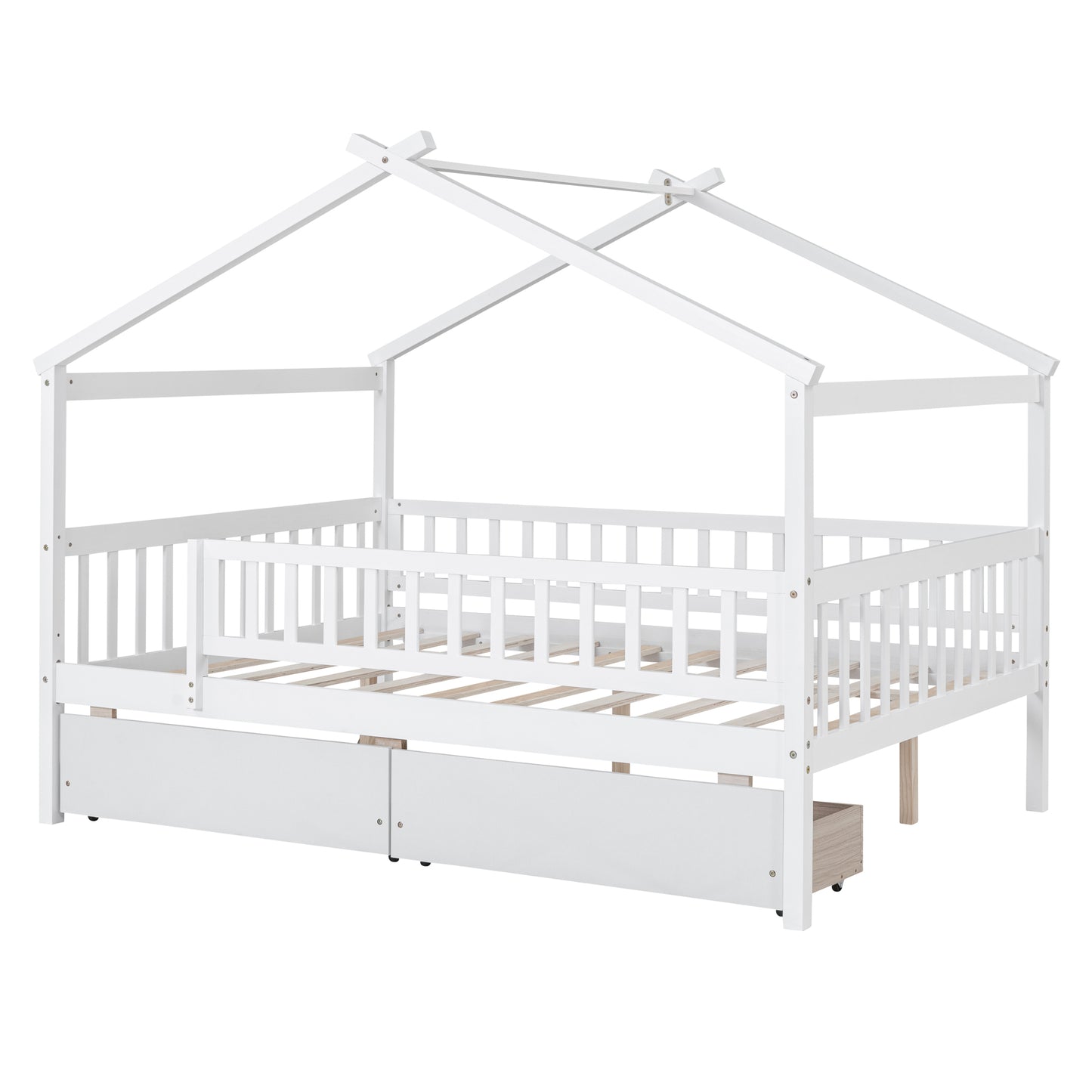 White wooden house bed frame with two drawers