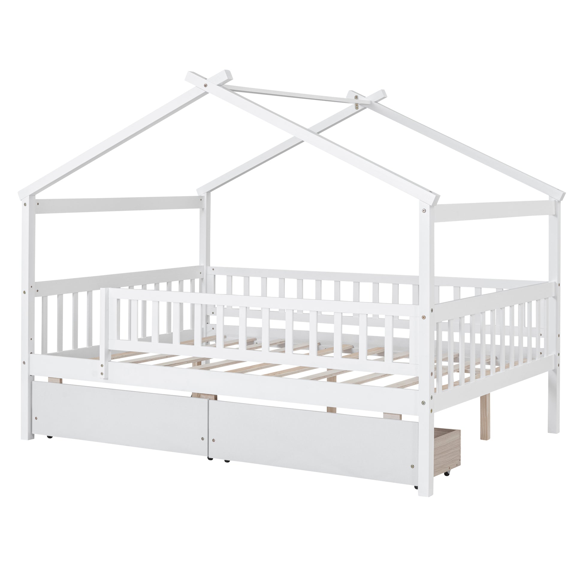 White wooden house bed frame with two drawers