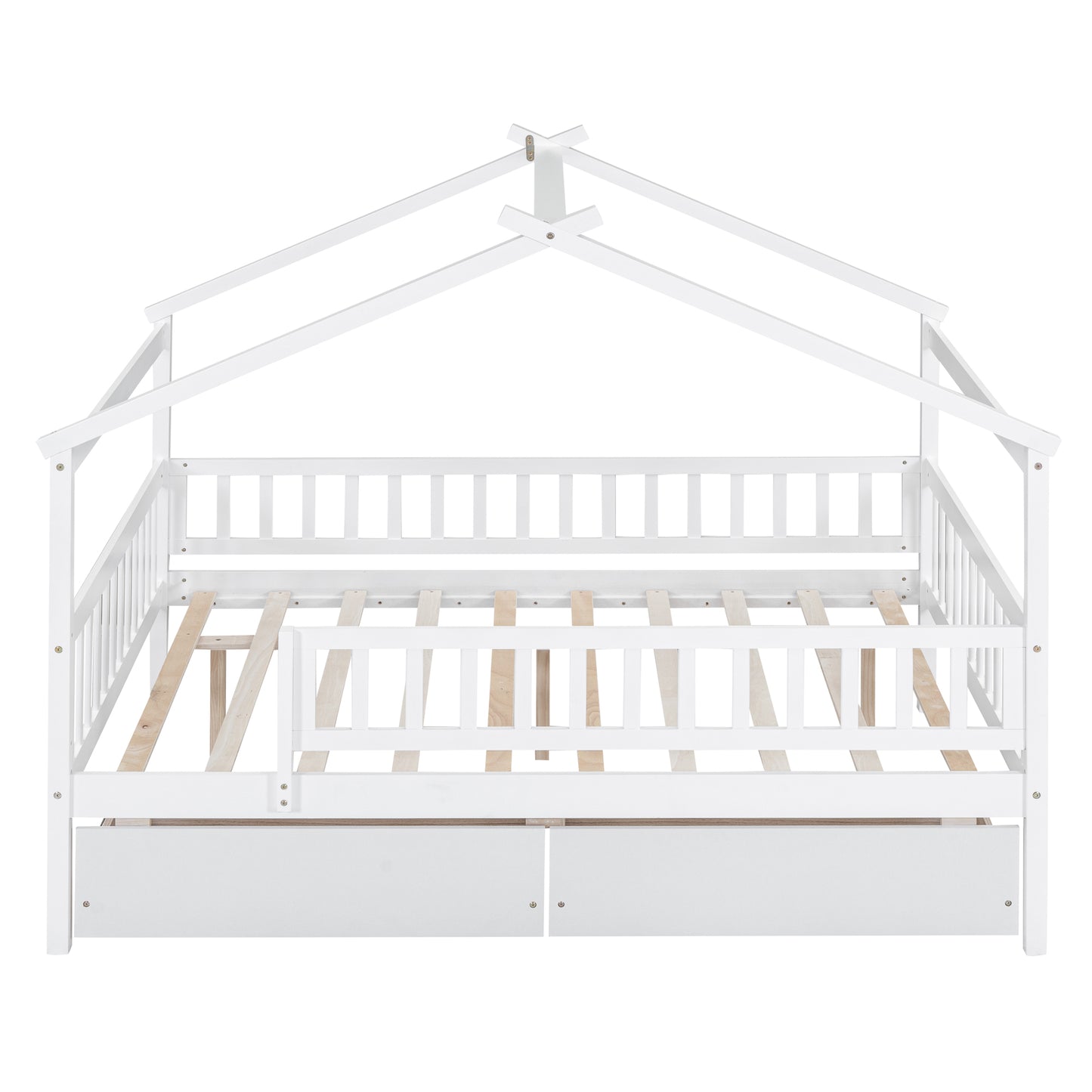 White wooden house bed frame with guardrails and two drawers