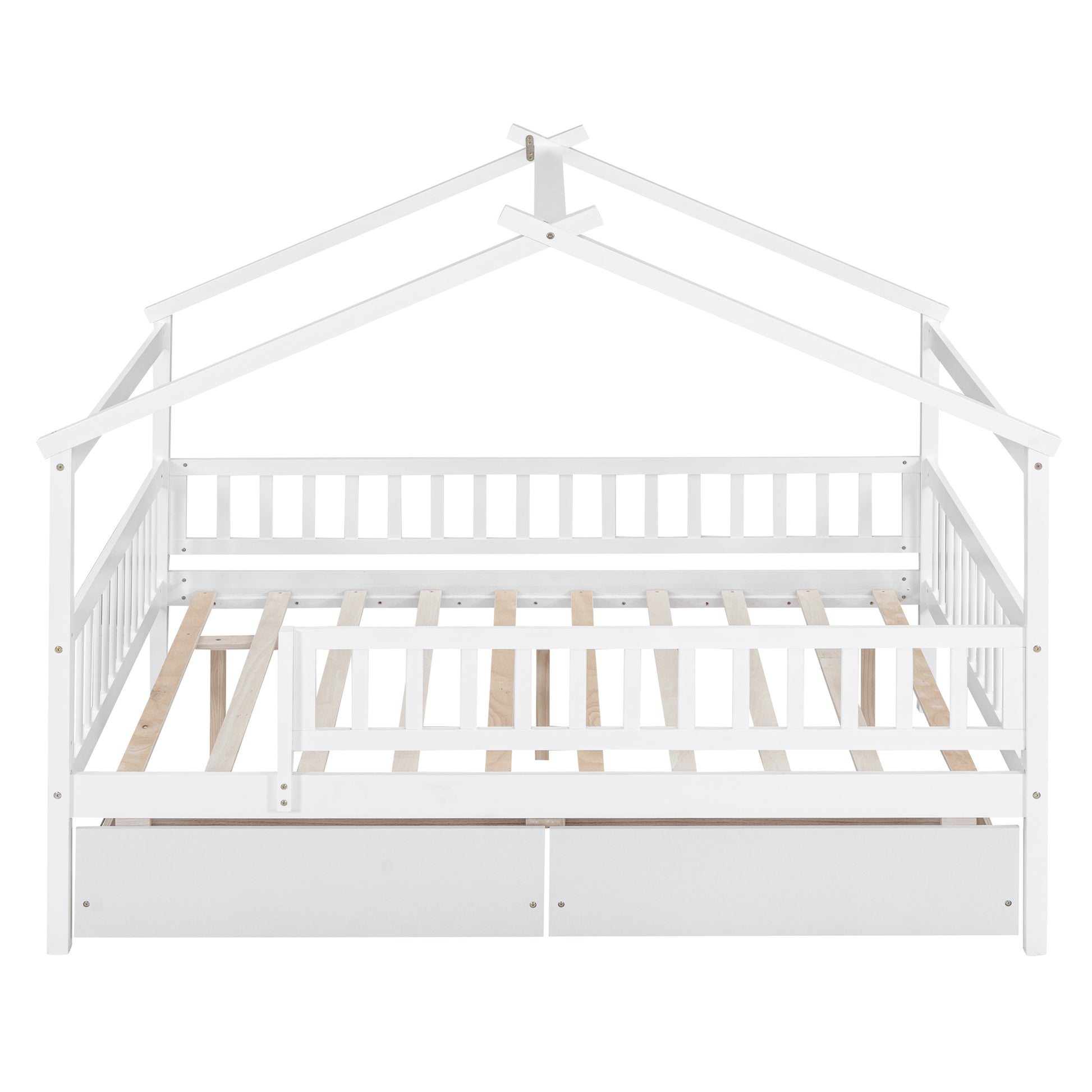 White wooden house bed frame with guardrails and two drawers