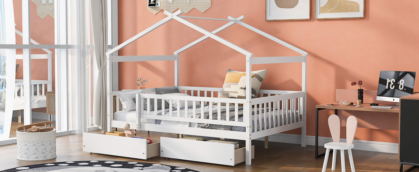 White wooden toddler bed with house frame and drawers