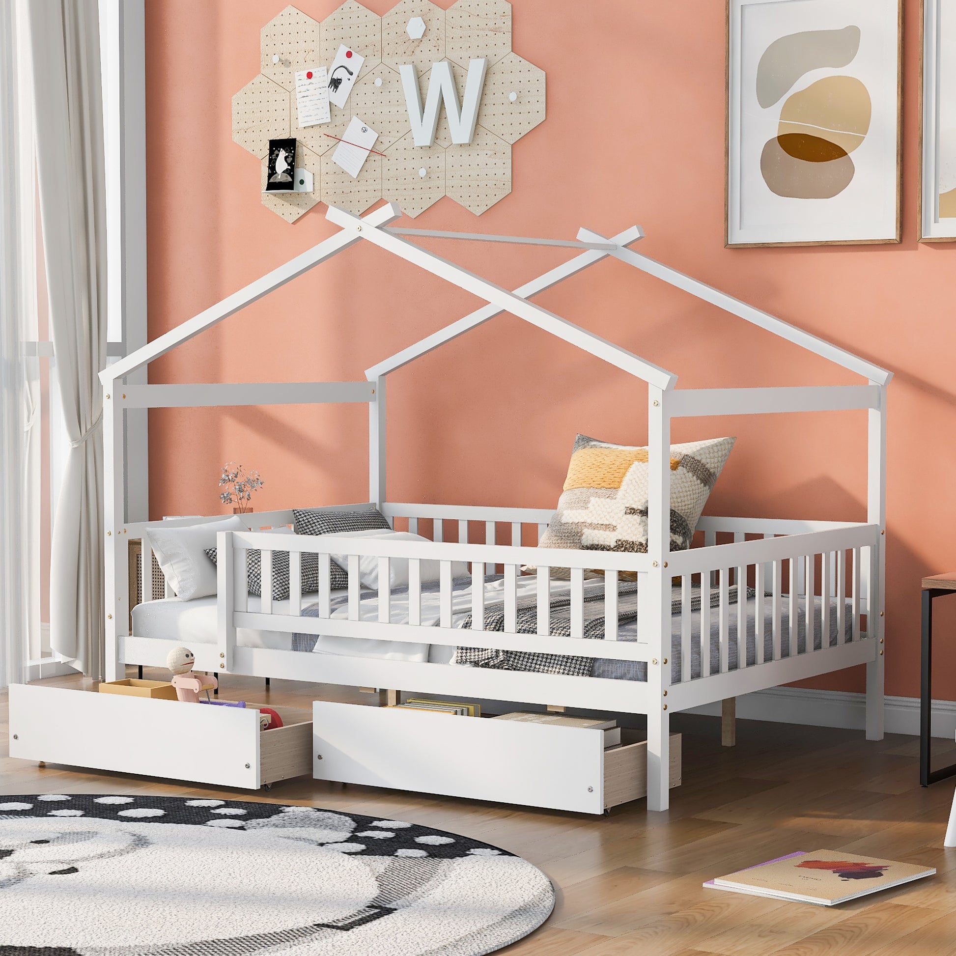 White wooden house bed frame with builtin storage drawers for kids
