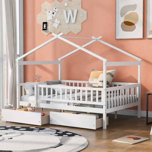 White wooden house bed frame with builtin storage drawers for kids