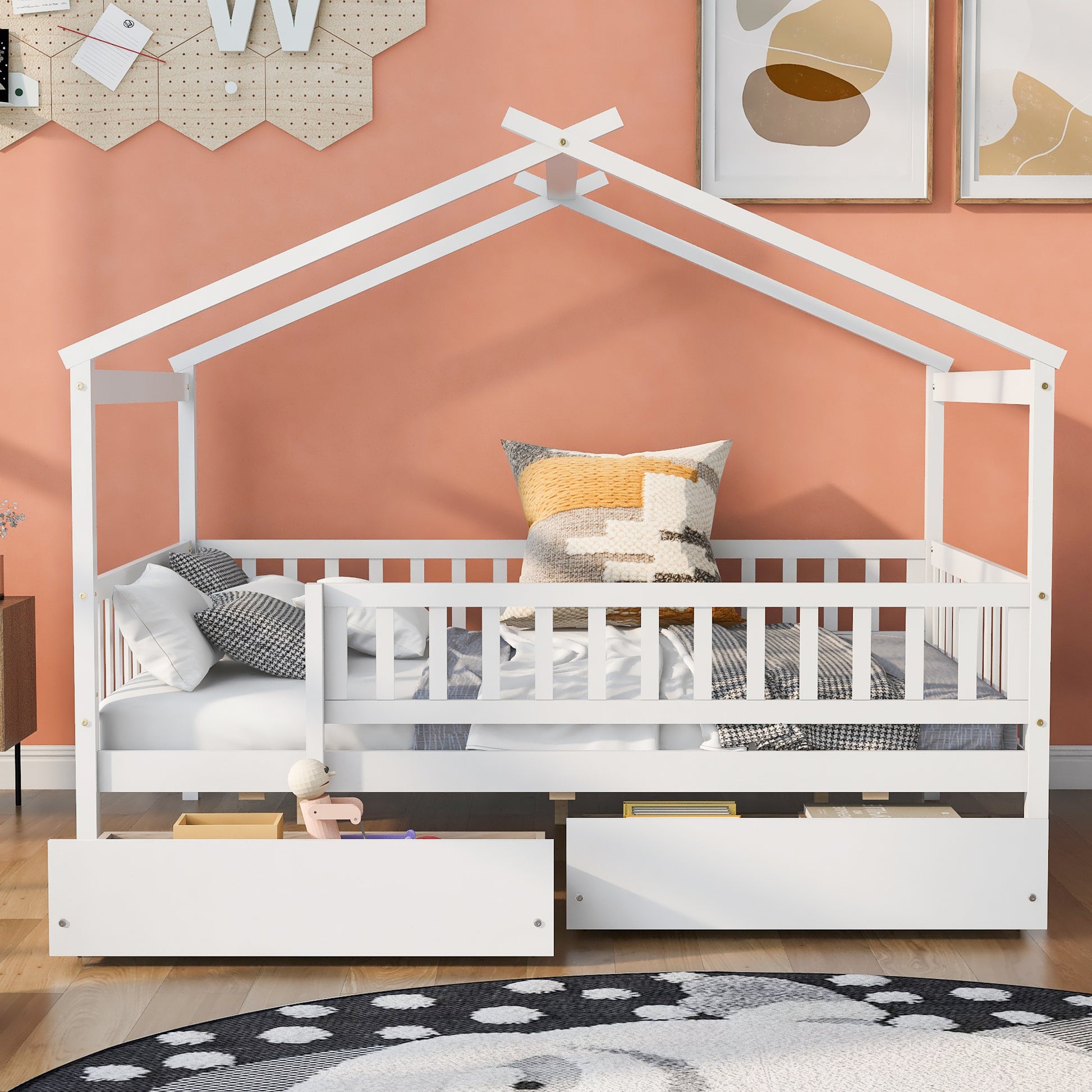 White wooden house bed with guardrails and storage drawers