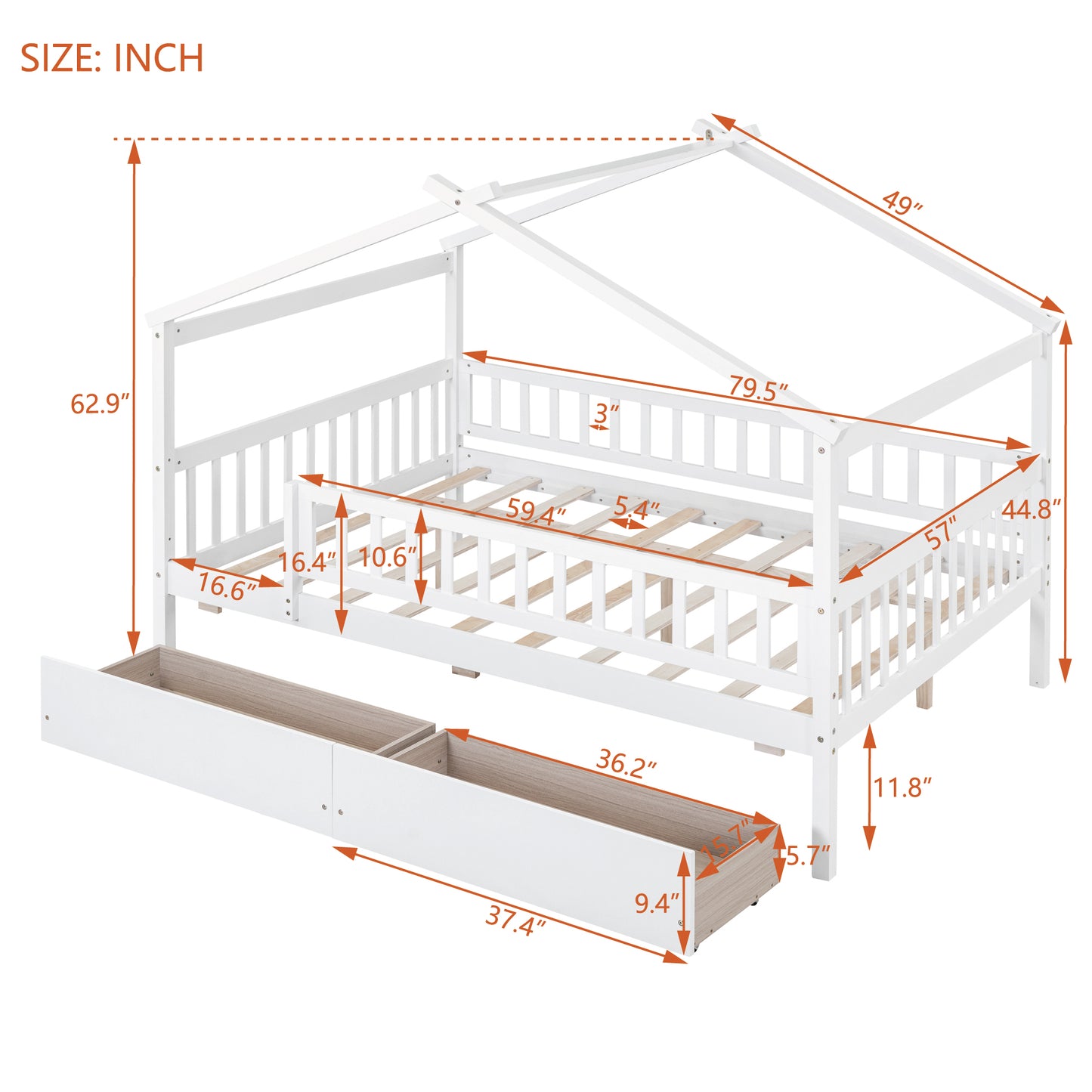 White wood twin house bed frame with canopy and drawers