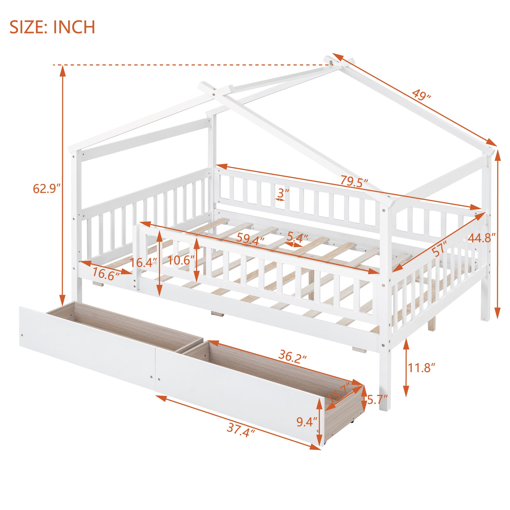 White wood twin house bed frame with canopy and drawers