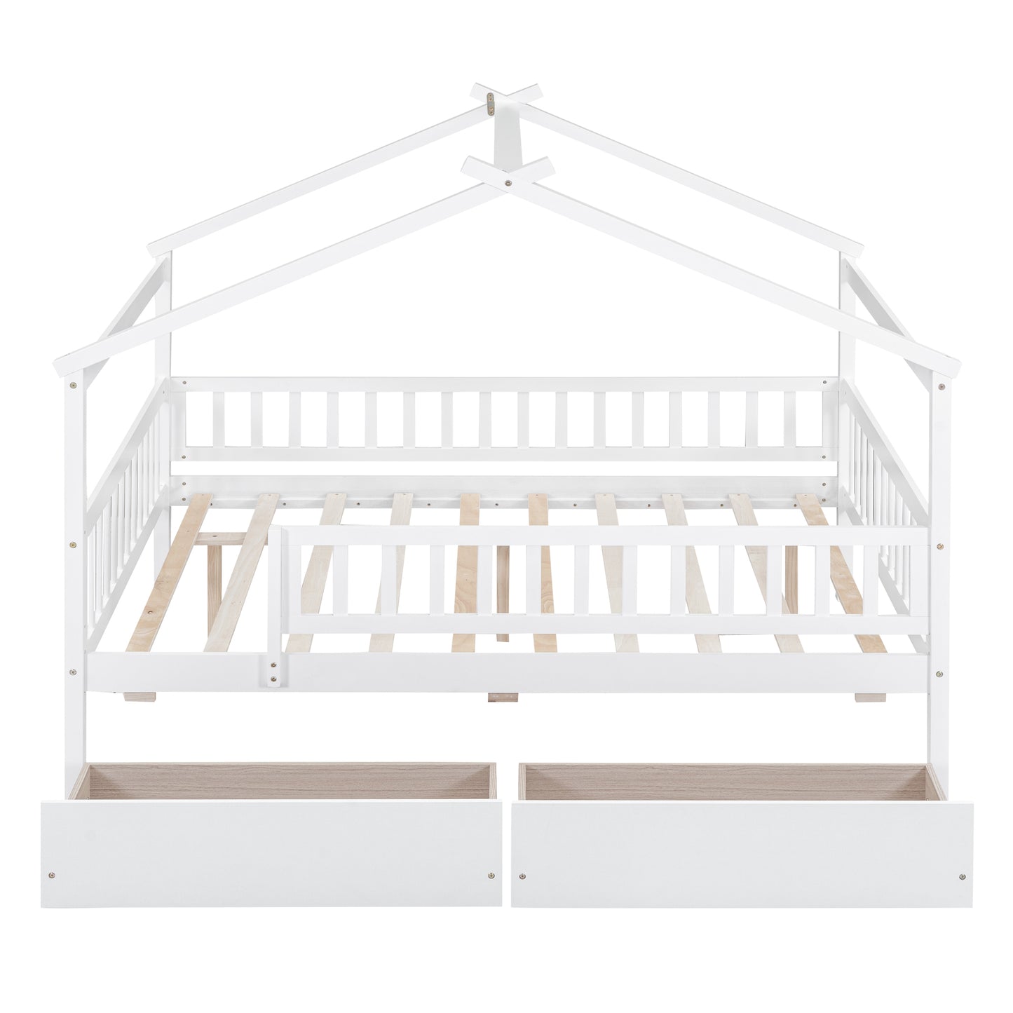 White wooden house bed frame with open storage drawers