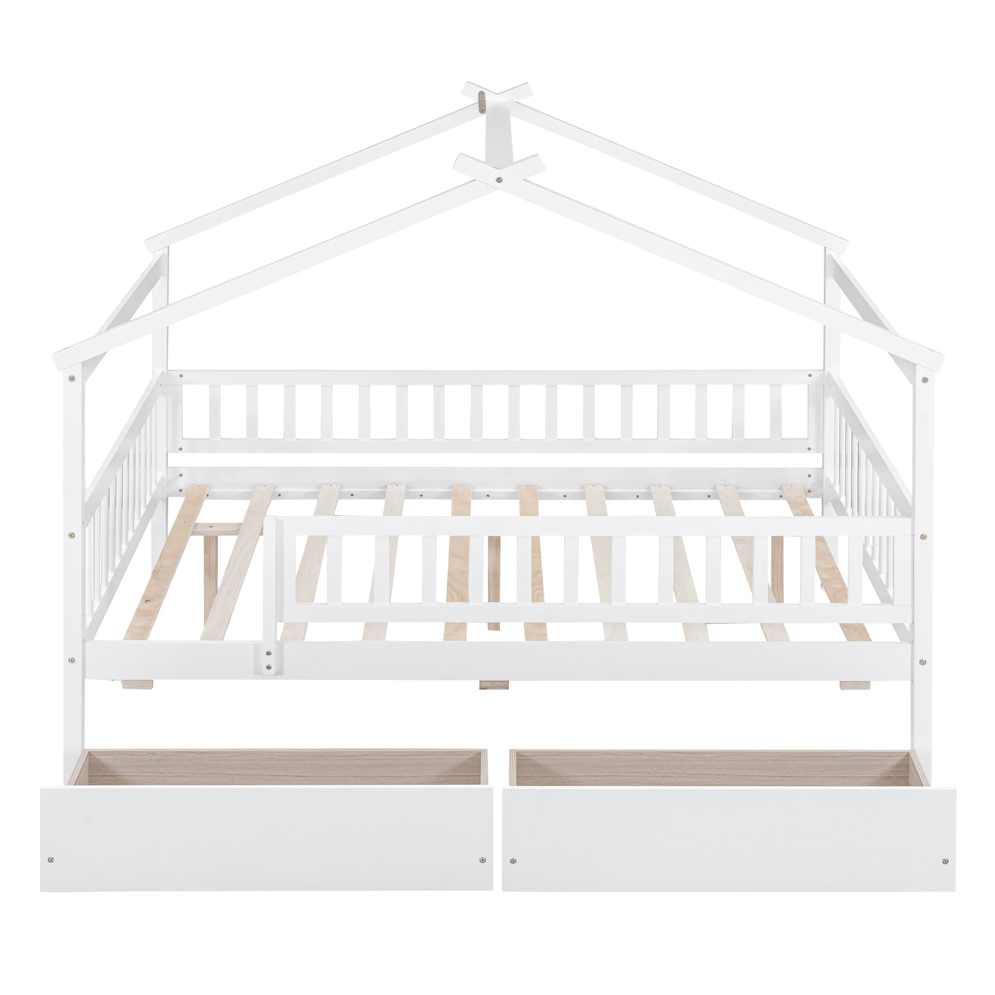 White wooden house bed frame with open storage drawers