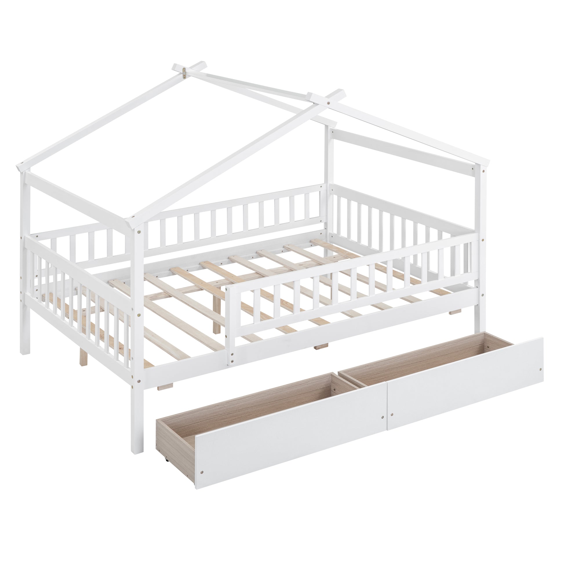 White wooden house frame bed with drawers