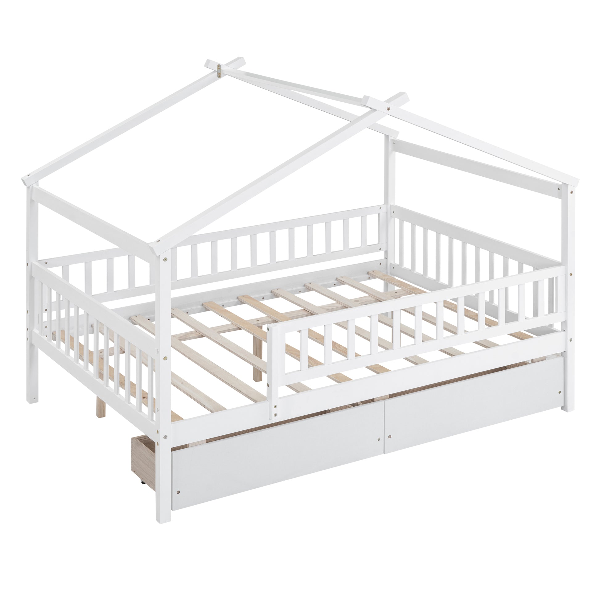 White wooden house bed frame with drawers for childrens room